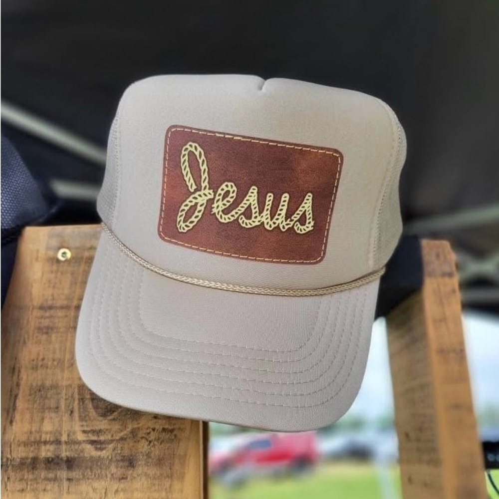 Jesus Trucker Hat Tan with Brown Patch